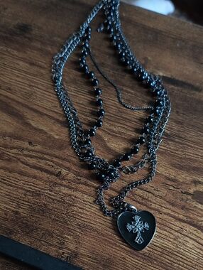 Black Heart Pendant Layered Necklace with Cross Accent